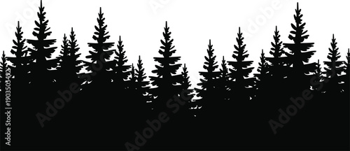 Black silhouette vector illustration of dense coniferous forest pine fir trees natural outdoor wilderness landscape background design artwork nature scenery
