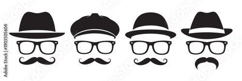 Gentleman Man Mustache Hat Icon Set, Retro Style Facial Hair Hat Vector Icons Collection Barber Shop Hipster Illustration Design