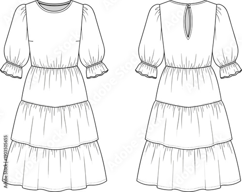 Technical fashion illustration of women’s tiered midi dress with puff sleeves, ruffle cuffs, elastic waist, flat sketch front back view