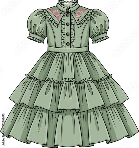 Technical fashion illustration of women’s vintage style dress with puff sleeves, embroidered collar, tiered ruffle skirt, detailed flat sketch