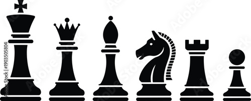 Silhouette chess pieces including king queen bishop knight rook pawn arranged in row strategy board game vector illustration isolated design