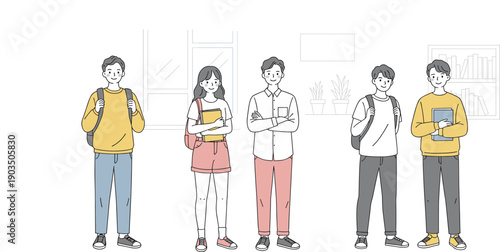 Group of students standing together, boys and girl with backpacks and books, casual clothes, learning concept, university lifestyle, cartoon vector on white background