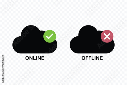 Cloud online and offline status icons for internet connection vector. Internet connection status icon set. Online and Offline Internet Connection Icon set. showing online, offline, no signal connected
