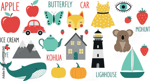 Cute Educational Illustration Set with Labeled Objects, Animals, Fruits, and Transport Icons for Kids Learning