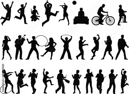 Silhouette collection of people dancing playing sports cycling drumming walking meditating performing activities vector illustration representing diverse human movement