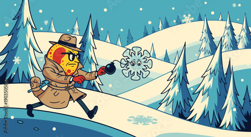 Cartoon Character Throwing Snowball in Winter Scene.