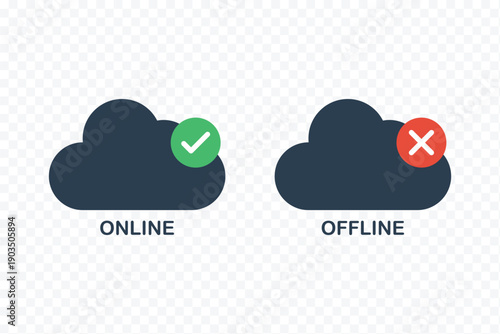 Cloud online and offline status icons for internet connection vector. Internet connection status icon set. Online and Offline Internet Connection Icon set. showing online, offline, no signal connected