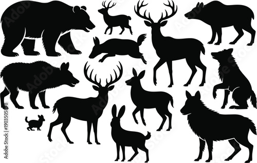 Silhouette collection of woodland animals including deer bears wolves rabbit boar wildlife forest mammals nature vector illustration for education design