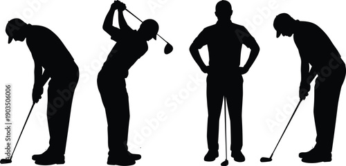 Silhouette vector illustration of golfer in putting stance, backswing, observing posture, and putting action, representing golf sport techniques