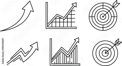 Collection of four line art icons depicting upward trending business growth and strategic goal achievement