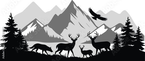 Silhouette wildlife scene with wolf, deer, eagle flying above snow‑capped mountains and pine trees in natural wilderness ecosystem vector