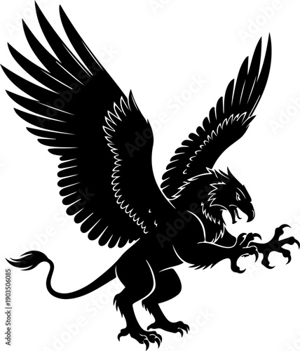 Mythical Griffin Silhouette Flying with Outstretched Wings and Sharp Claws, Vector Illustration