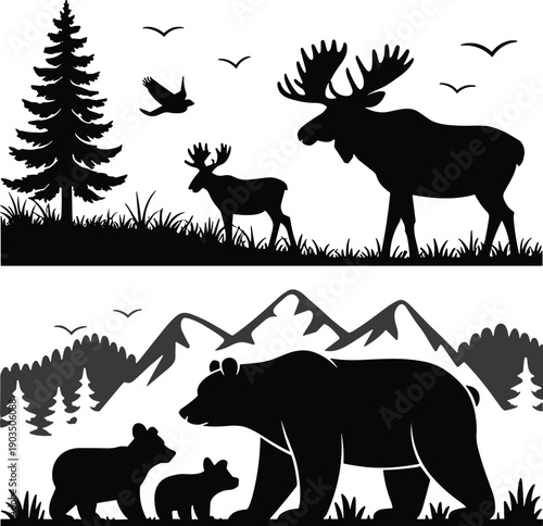 Canvas Print Wildlife silhouette illustration featuring moose family in forest and bear famil