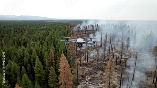Drone view of forest fire devastation and unaffected landscape with smoke and burned trees in the wilderness