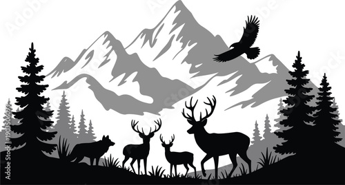 Stylized black and white mountain forest silhouette illustration with deer, wolf, eagle, snowcapped peaks, conifer trees, wilderness wildlife outdoor nature scene