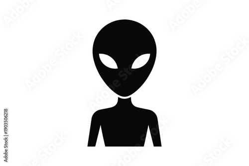 Black and white silhouette of alien head with large eyes, simple stylized human form, minimalist icon