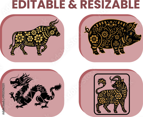 Chinese zodiac animals collection with bull pig dragon and ox in traditional paper cut style