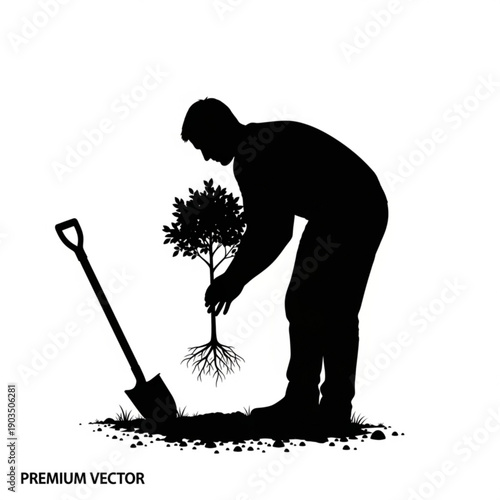 Man planting a flower in the ground with a shovel, viewed from the side.