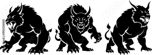 Three black silhouetted creatures with horns and sharp claws standing in different poses illustrated from a straightforward viewpoint.