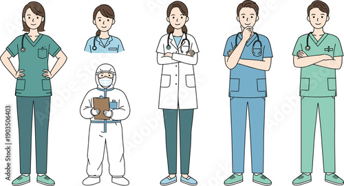 Group of medical professionals in uniform, doctors, nurses, healthcare workers and specialists, hospital team concept, cartoon illustration, clinical staff vector on white background