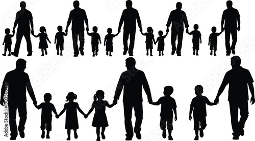 Father And Children Silhouette Set Showing Dad Walking Hand In Hand With Kids, Family Bonding And Parenthood Concept In Black And White Illustration