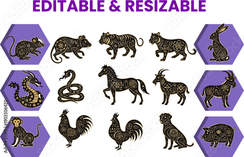 Complete set of twelve chinese zodiac signs featuring intricate floral patterns on hexagonal frames