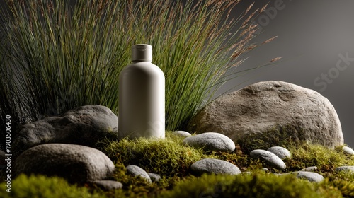 eco friendly shampoo bottle on moss with rocks minimalist beauty scene