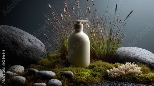 eco friendly white shampoo bottle on moss with rocks minimalist scene