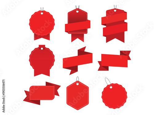 Collection of red sale tags and banners, discount labels with ribbons for marketing and promotion