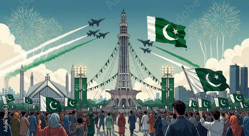 Pakistan independence day celebration with flag fireworks and military flyover in cityscape