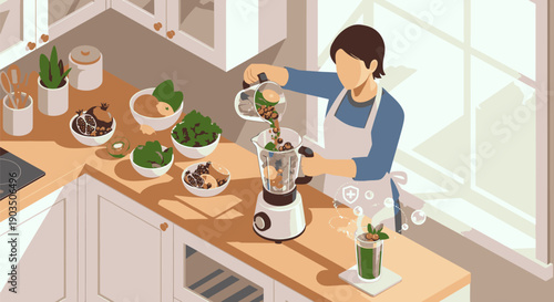 Woman Preparing Healthy Smoothie in Kitchen.