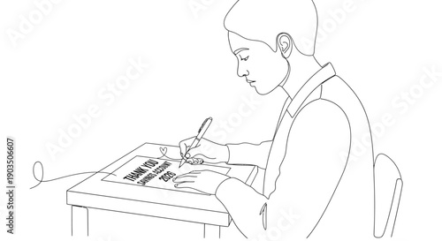 Young Boy Drawing with Pencil on Paper.