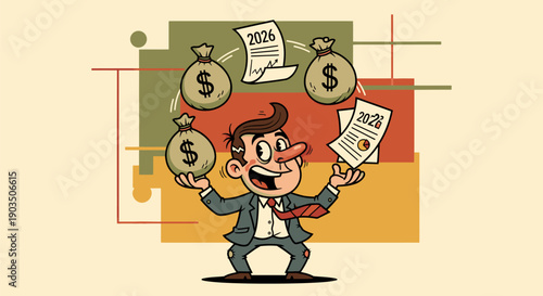 Man Surrounded by Money Bags and Documents.