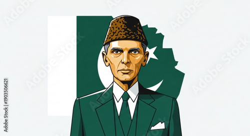 Portrait of a man in green suit and hat with pakistani flag background symbolizing national pride and leadership