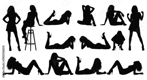 Female Silhouette Pose Collection Featuring Glamorous Women In Fashion And Pinup Inspired Positions For Artistic, Advertising And Design Use