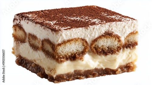 classic tiramisu dessert portion isolated on white background