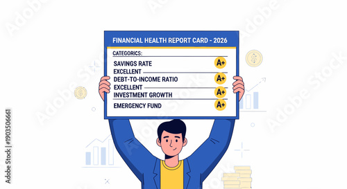 Man holding financial health report card.