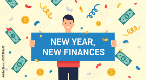 Man Holding New Year Finances Sign.