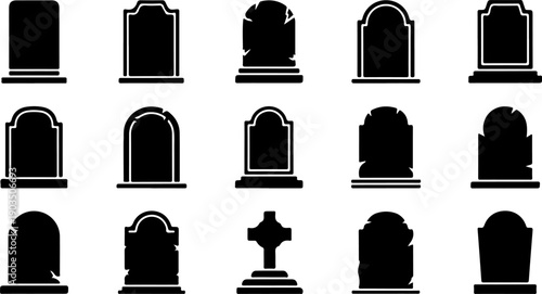 Collection of Tombstones and Memorial Cross Silhouettes on White Background Illustrations