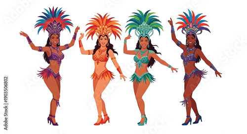A group of beautiful Brazilian samba dancers dancing and smiling. Dancers wearing festive Brazilian carnival costumes. Cartoon style.
