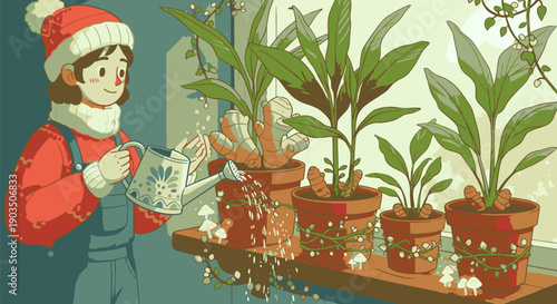 Elf Watering Potted Plants with Care.