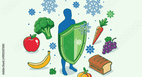 Person Holding Shield with Healthy Foods.