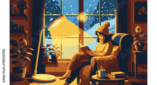 Woman Relaxing with Coffee by Window.