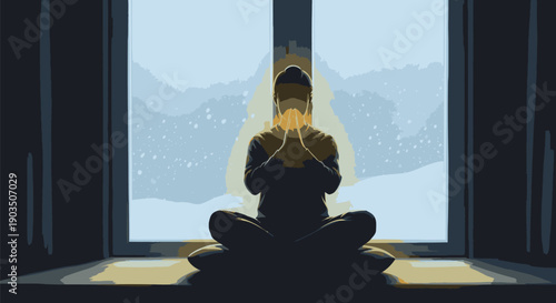 Woman Meditating in Lotus Position Silhouette.