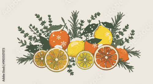 Assorted Citrus Fruits and Leaves Arrangement.