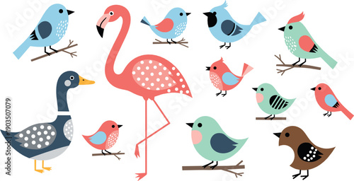 Cute bird illustration set with flamingo goose and colorful songbirds perched on branches in playful flat cartoon style for kids nature designs