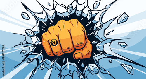 Clenched Fist Breaking Through Glass Surface.