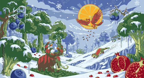 Santa Claus Sitting in Snowy Orchard.