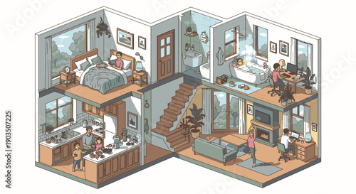 Cross Section of House with People Inside.