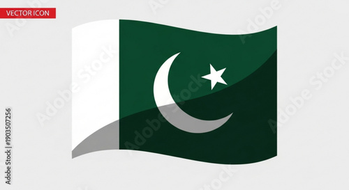Pakistan flag waving with crescent moon and star symbol on green and white background